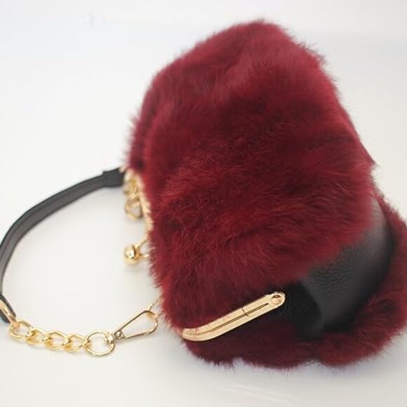 Neiman Marcus Red Rabbit Fur Multicolor Print Clutch Bag - Picture 2 of 5